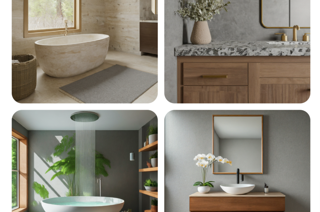 panel of 4 bathrooms with natural material design focuses