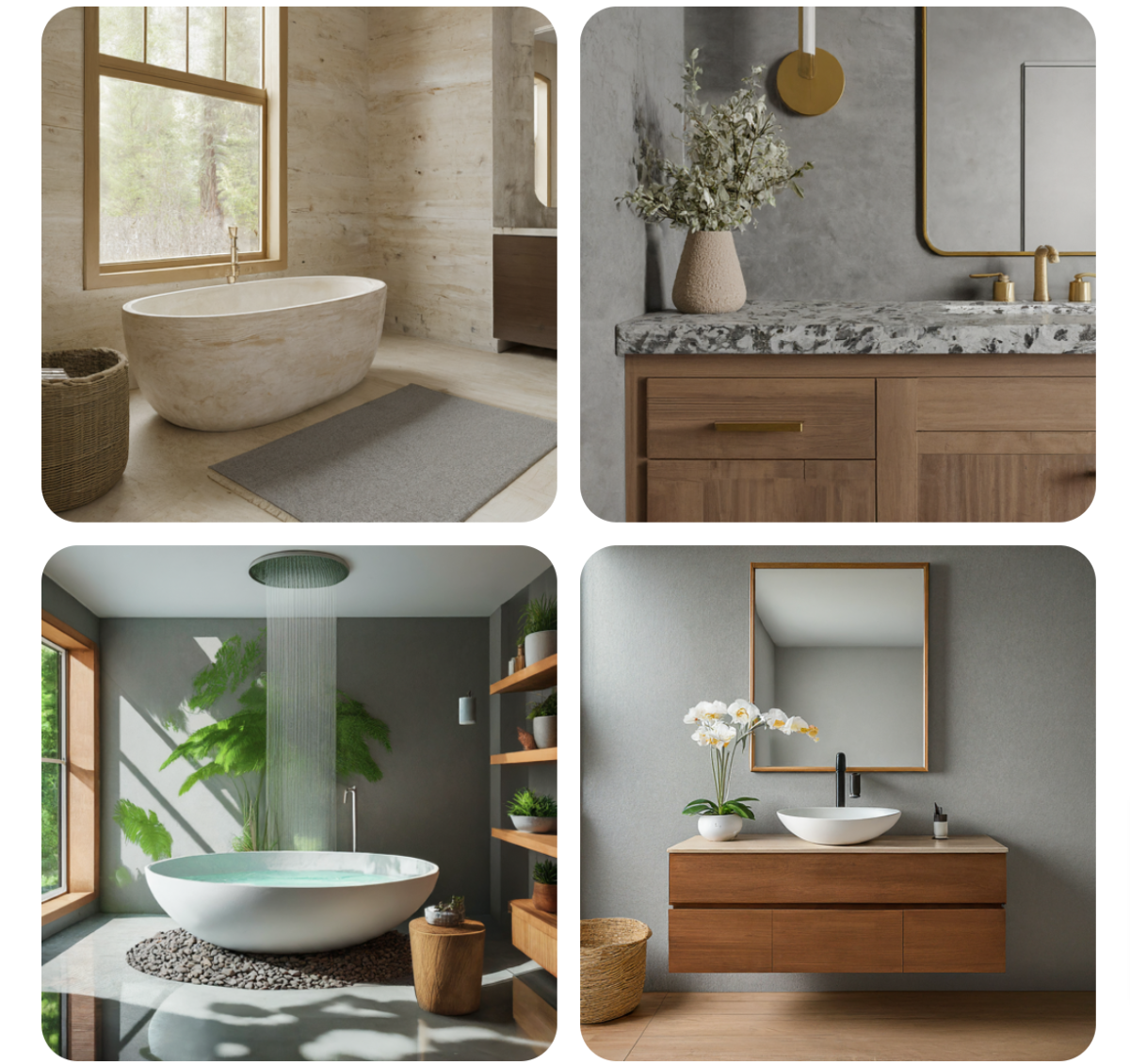 panel of 4 bathrooms with natural material design focuses